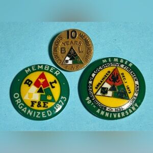 3 vintage BLF&E Railroad pins,10yr service pin 1/10 10K and 2 Union Buttons